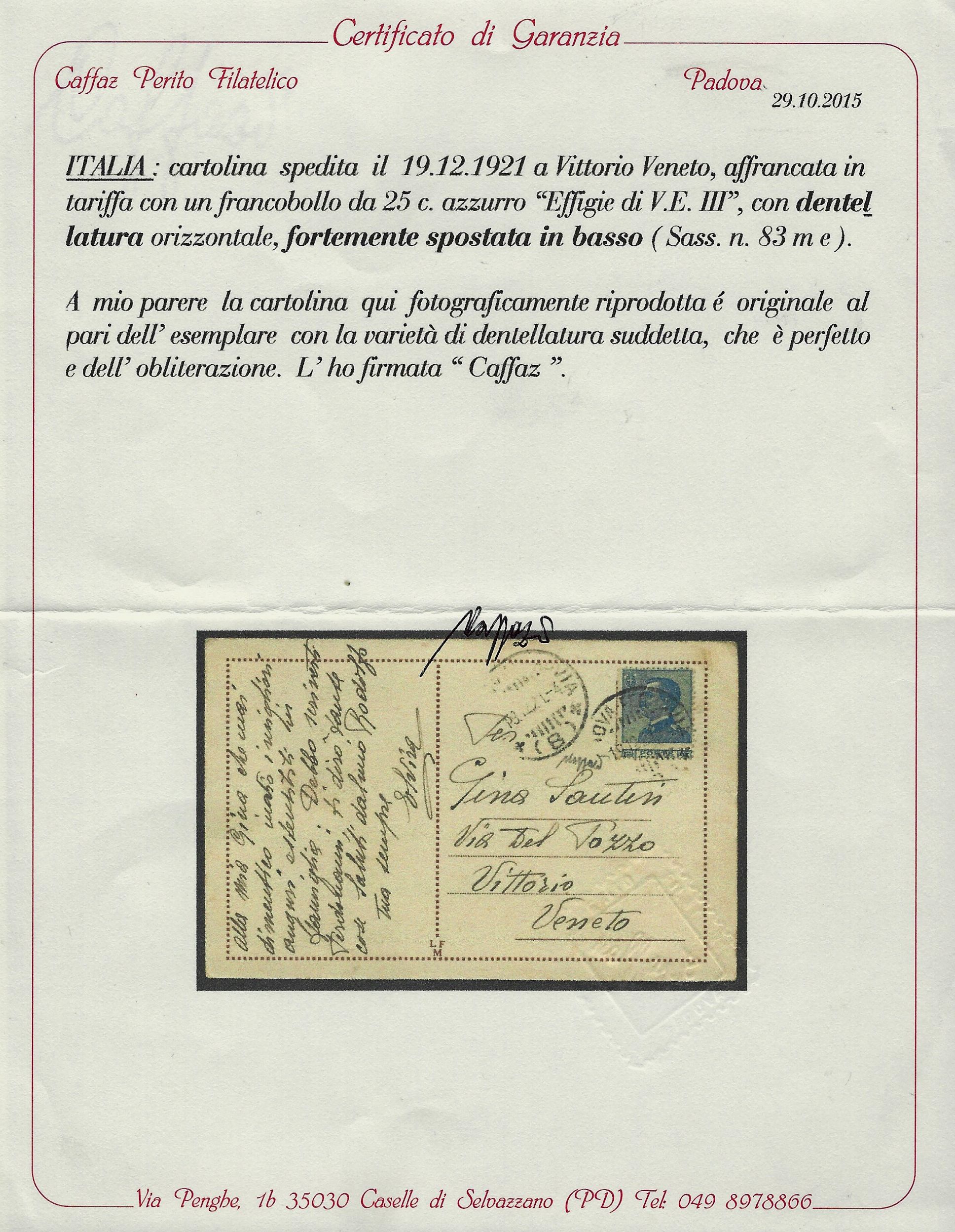 1921 Storia Postale - Varietà certificato Caffaz