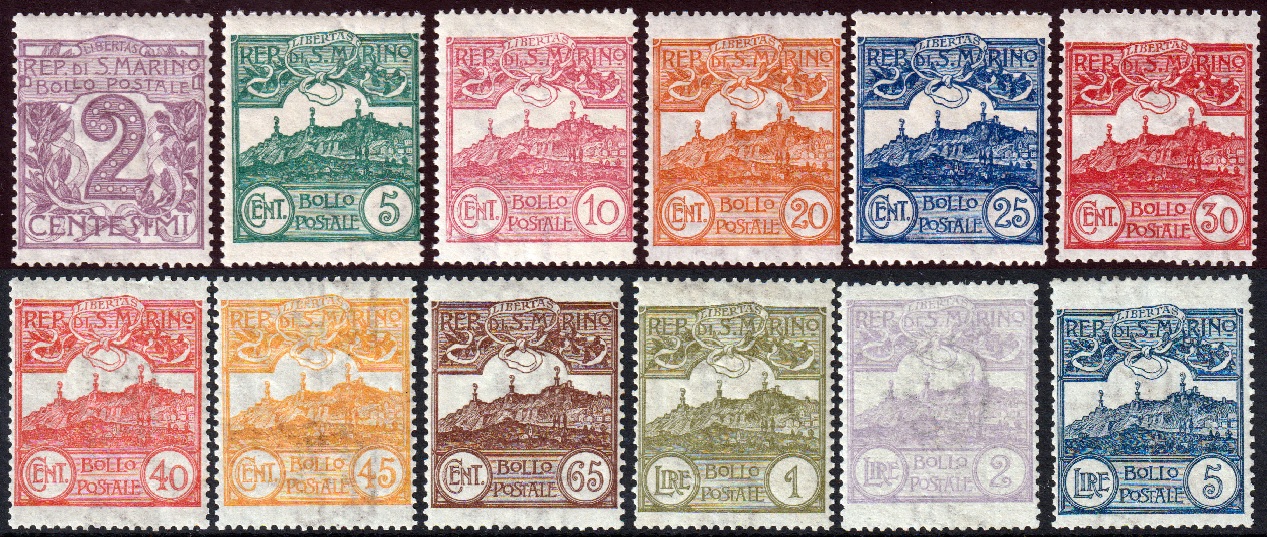 1903 - San Marino - Cifre e Vedute - serie completa - nuova (MNH) - Certificato Raybaudi