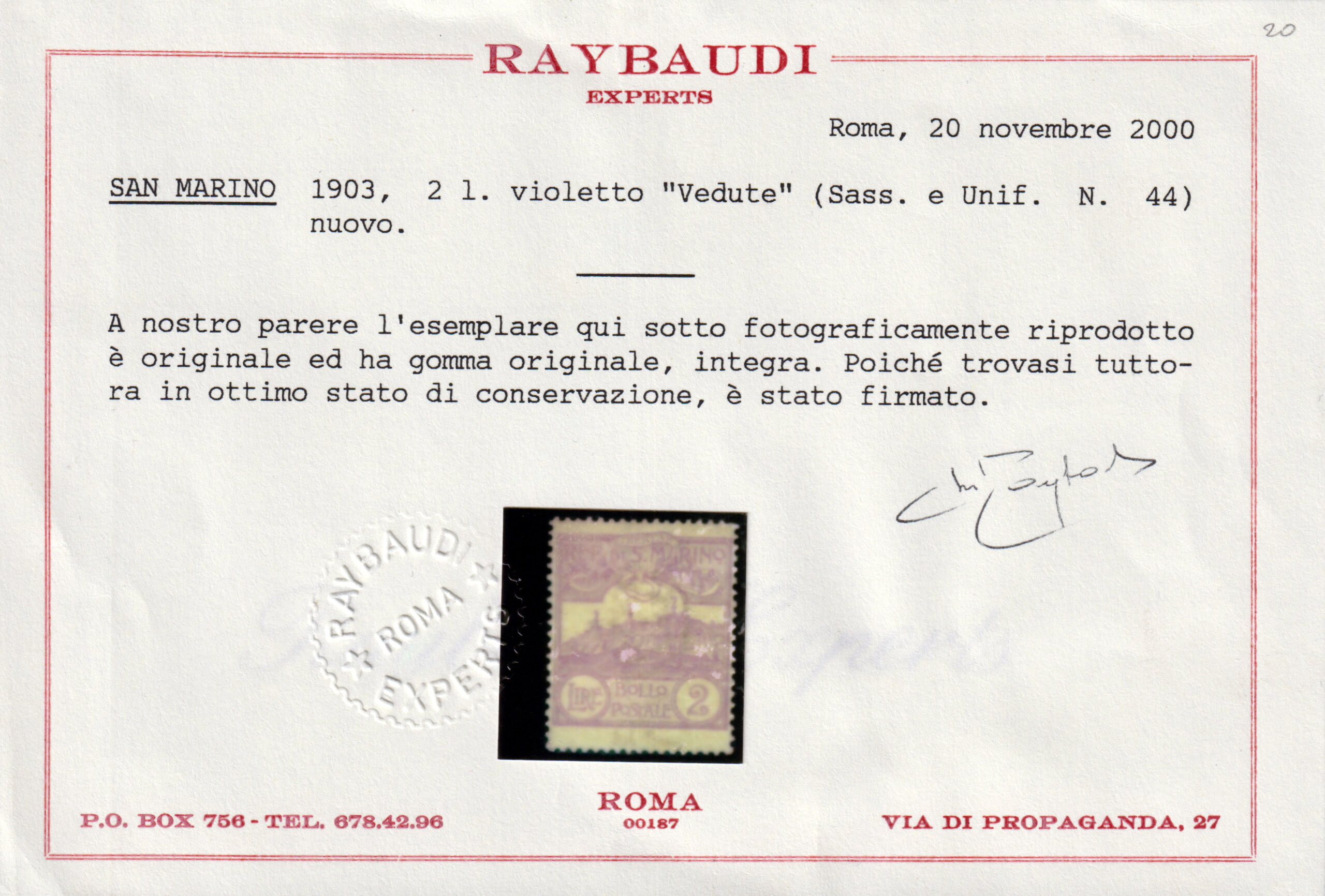 1903 - San Marino - Cifre e Vedute - serie completa - nuova (MNH) - Certificato Raybaudi - immagine 3