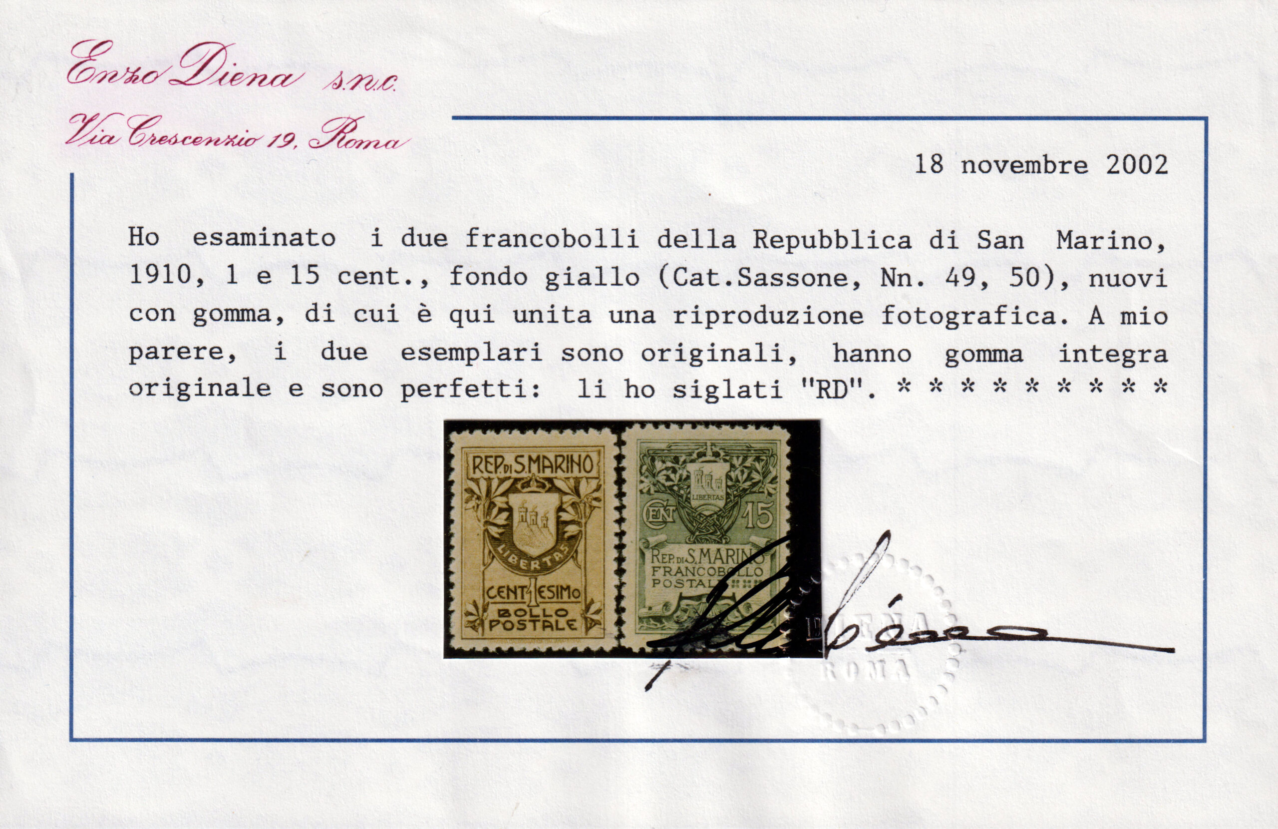 1910 - San Marino - Stemma - serie completa nuova (MNH) - Sassone nn.49/50 - Certificato Diena - immagine 3