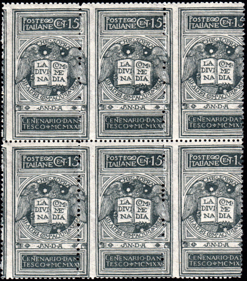 1921 Regno - Dante MNH 1921 – Regno – Dante Alighieri -15 cent. grigio – blocco di 6 – nuovo (MNH) – Varietà – Certificato Diego Carraro