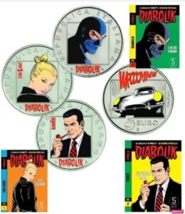 Italia 2023 - Diabolik-Eva Kant-Ginko - le tre monete da € 5 - Fior di Conio