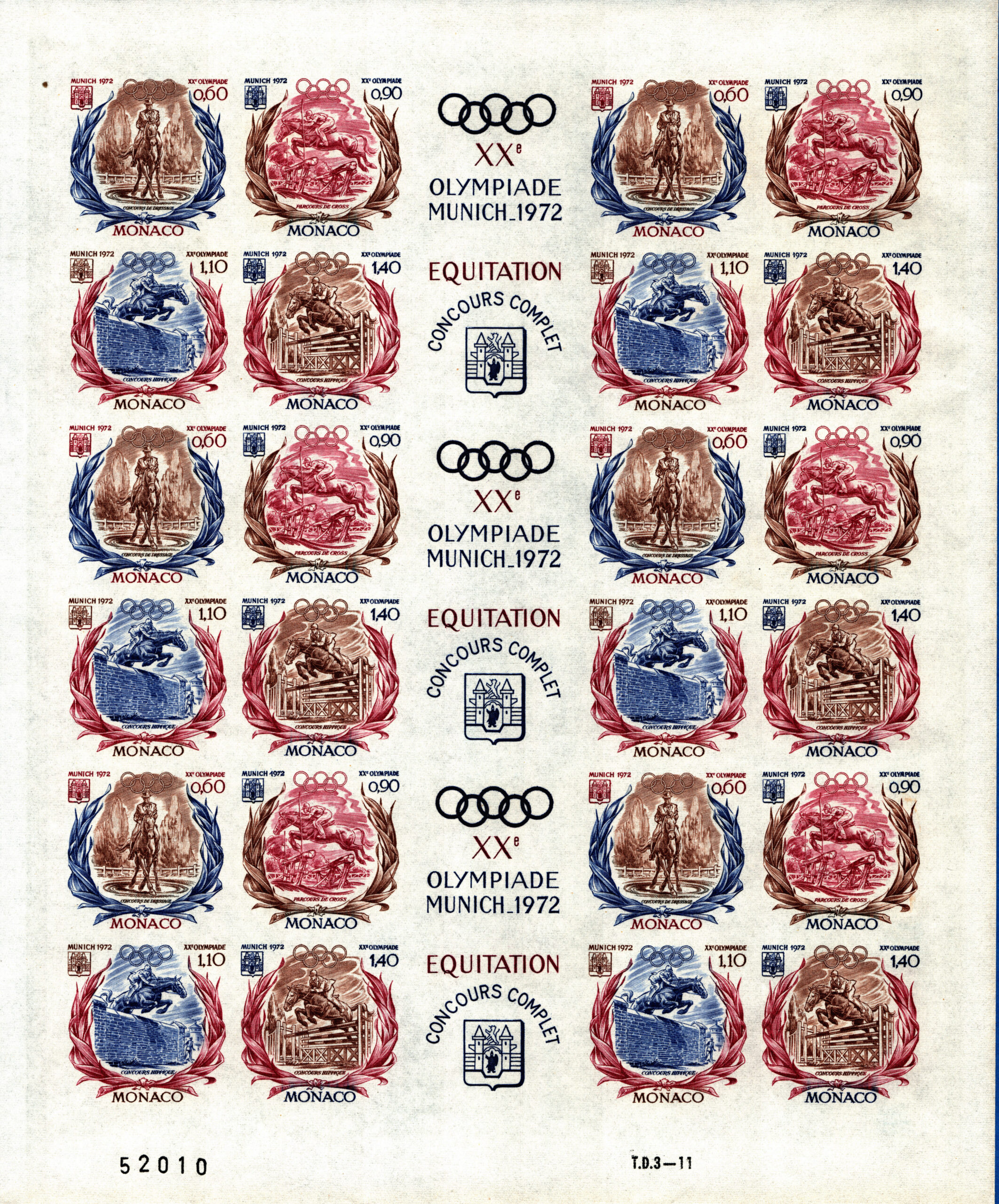 Principato di Monaco - 1972 Giochi Olimpici di Monaco - Concorso Ippico - Foglio intero NON DENTELLATO - nuovo (MNH)