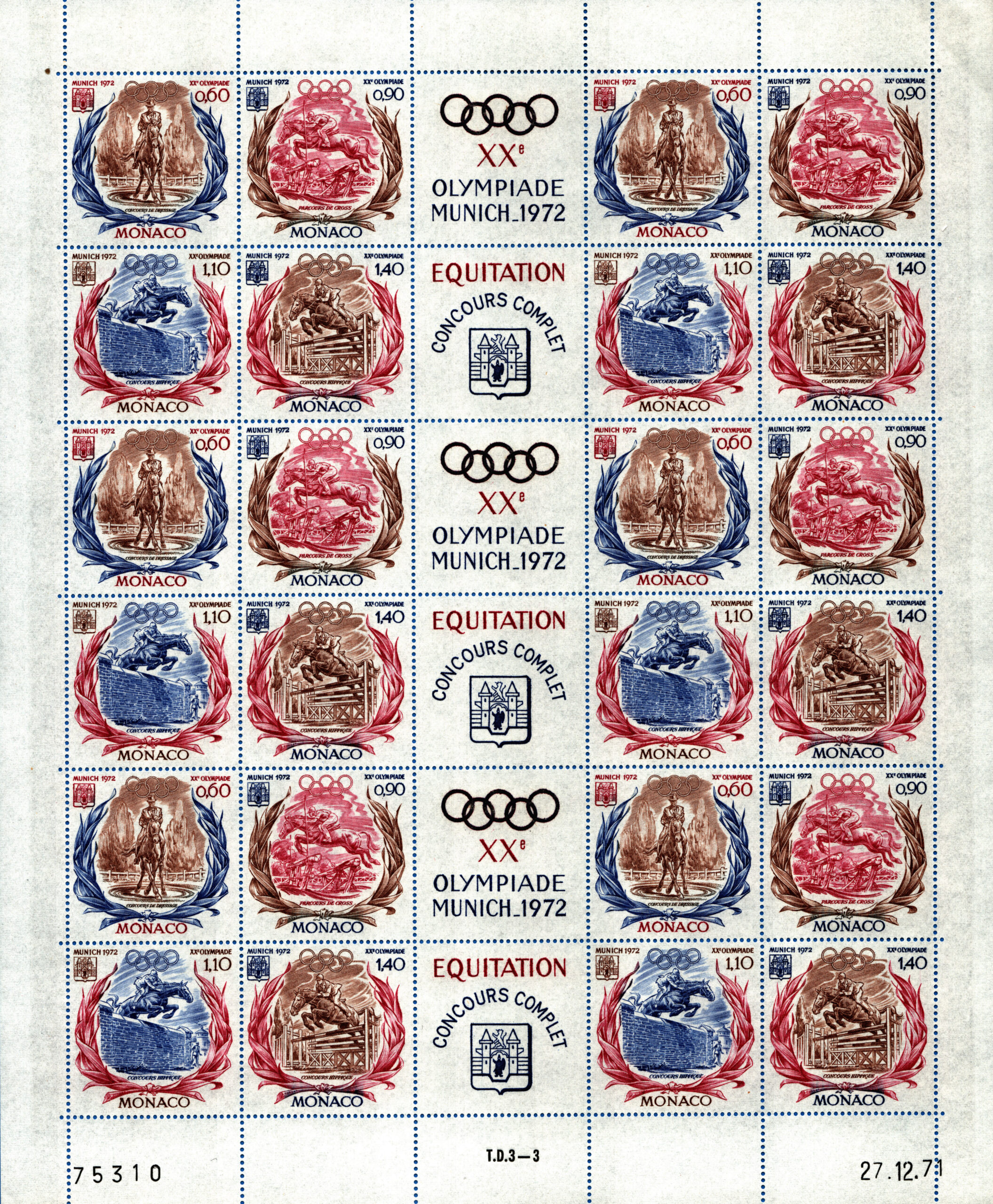 Principato di Monaco - 1972 Giochi Olimpici di Monaco - Concorso Ippico - Foglio intero dentellato - nuovo (MNH)