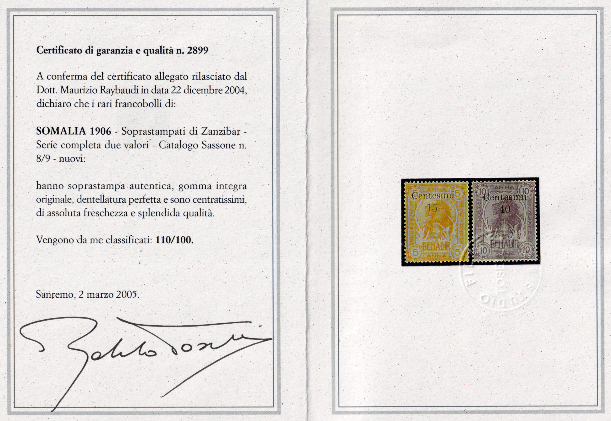 1905 - Somalia - Leoni con soprastampa di Zanzibar - nuovi (MNH) - Certificato ORO Raybaudi - immagine 3