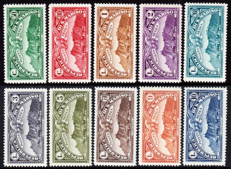 San Marino -1931 - Posta Aerea - Serie completa nuova (MNH) - Sassone nn.1/10 - Certificato Raybaudi
