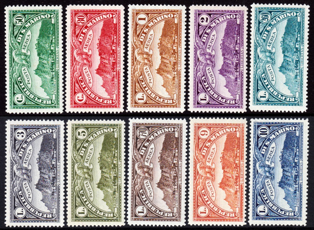 San Marino -1931 - Posta Aerea - Serie completa nuova (MNH) - Sassone nn.1/10 - Certificato Raybaudi