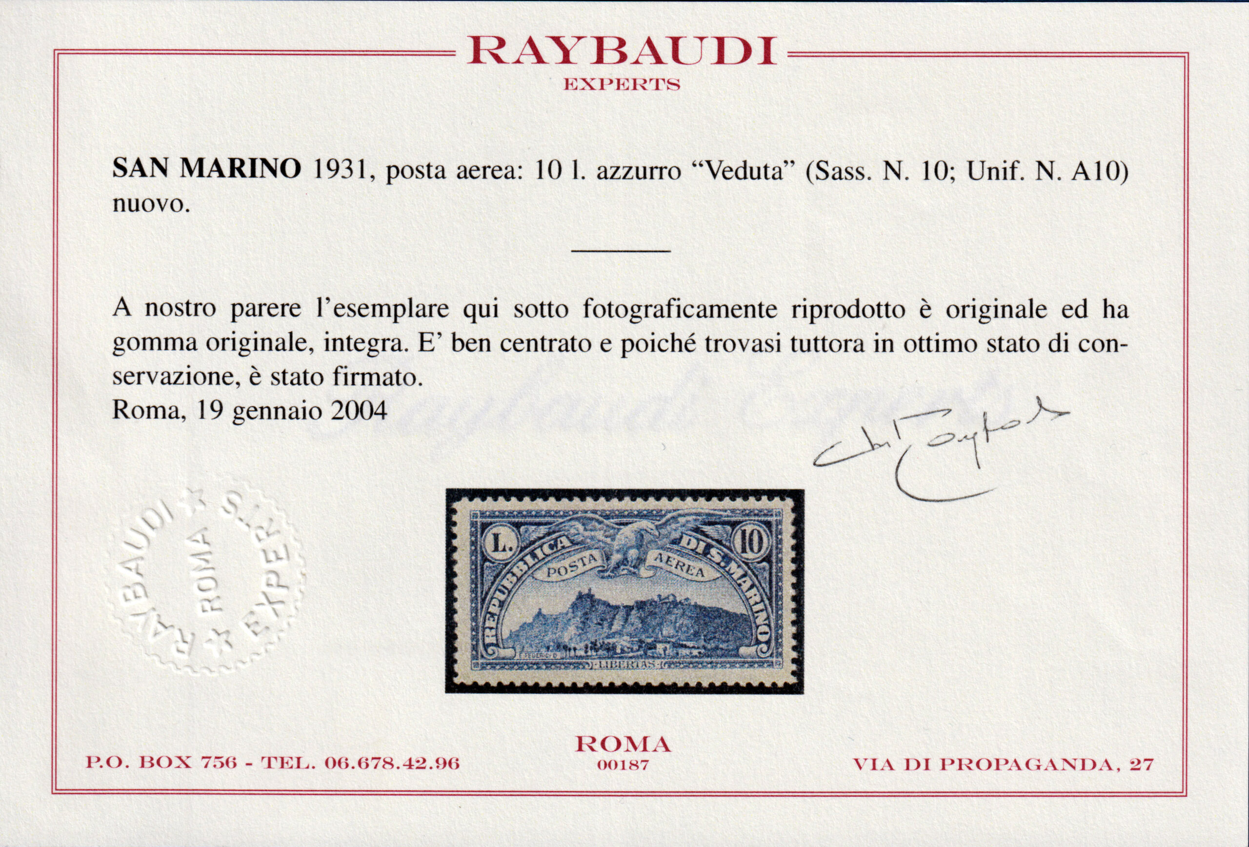 San Marino -1931 - Posta Aerea - Serie completa nuova (MNH) - Sassone nn.1/10 - Certificato Raybaudi - immagine 3