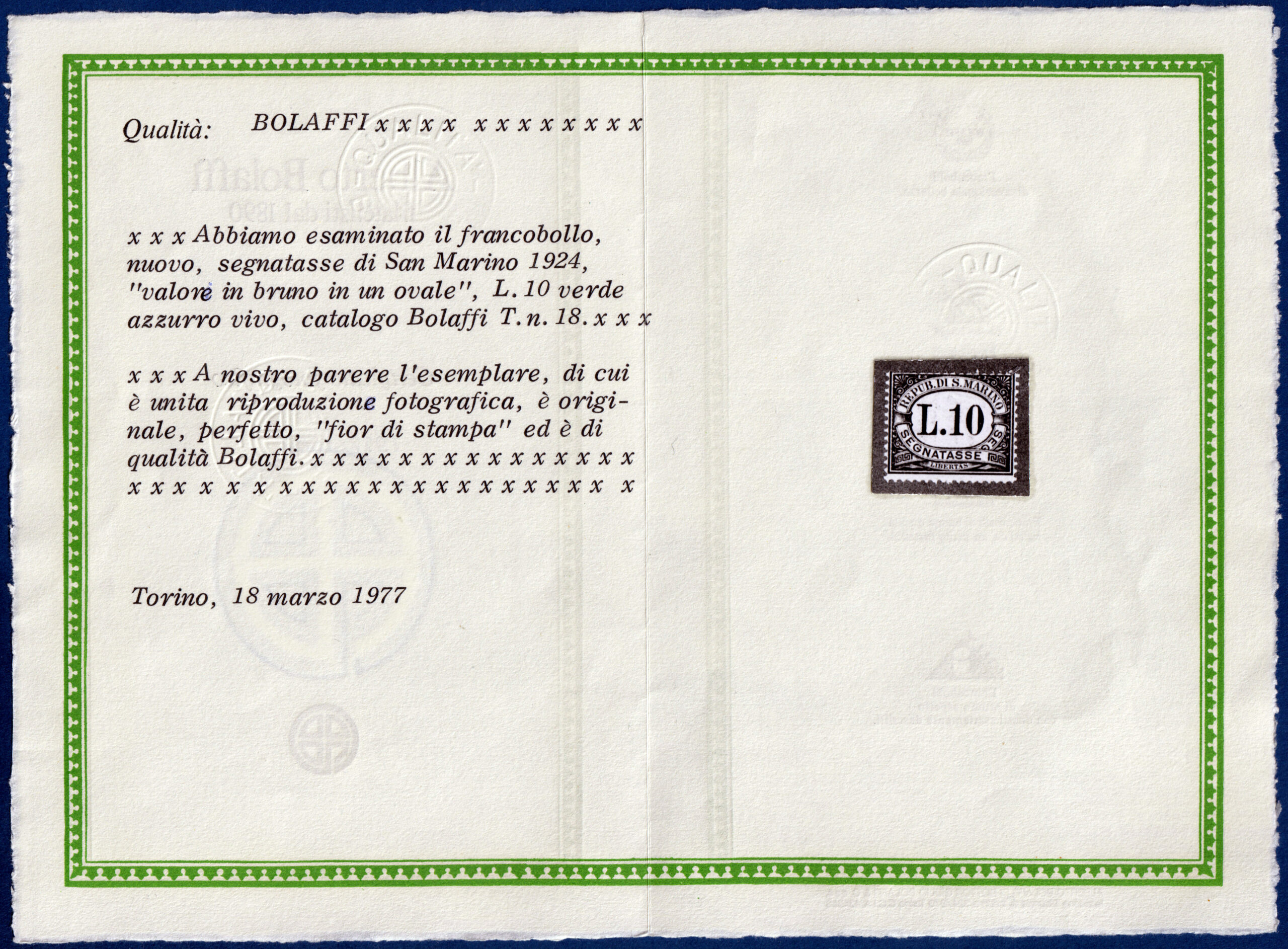 San Marino -1924 - Segnatasse - Serie completa nuova (MNH) - Sassone nn.10/18 - Certificato Bolaffi - immagine 3