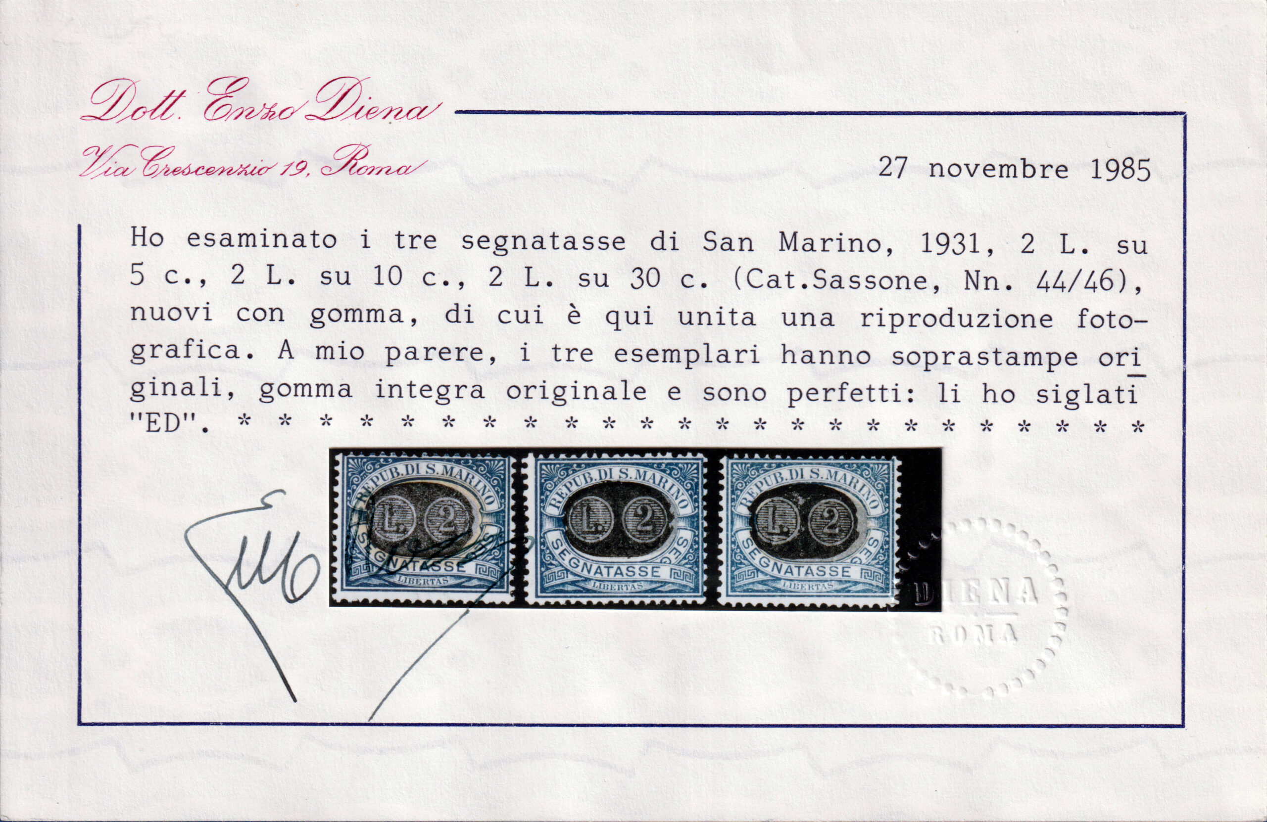 San Marino -1931 - Segnatasse "Mascherine" - Serie completa nuova (MNH) - Sassone nn.32/46 - Certificati Diena e Toselli - immagine 3