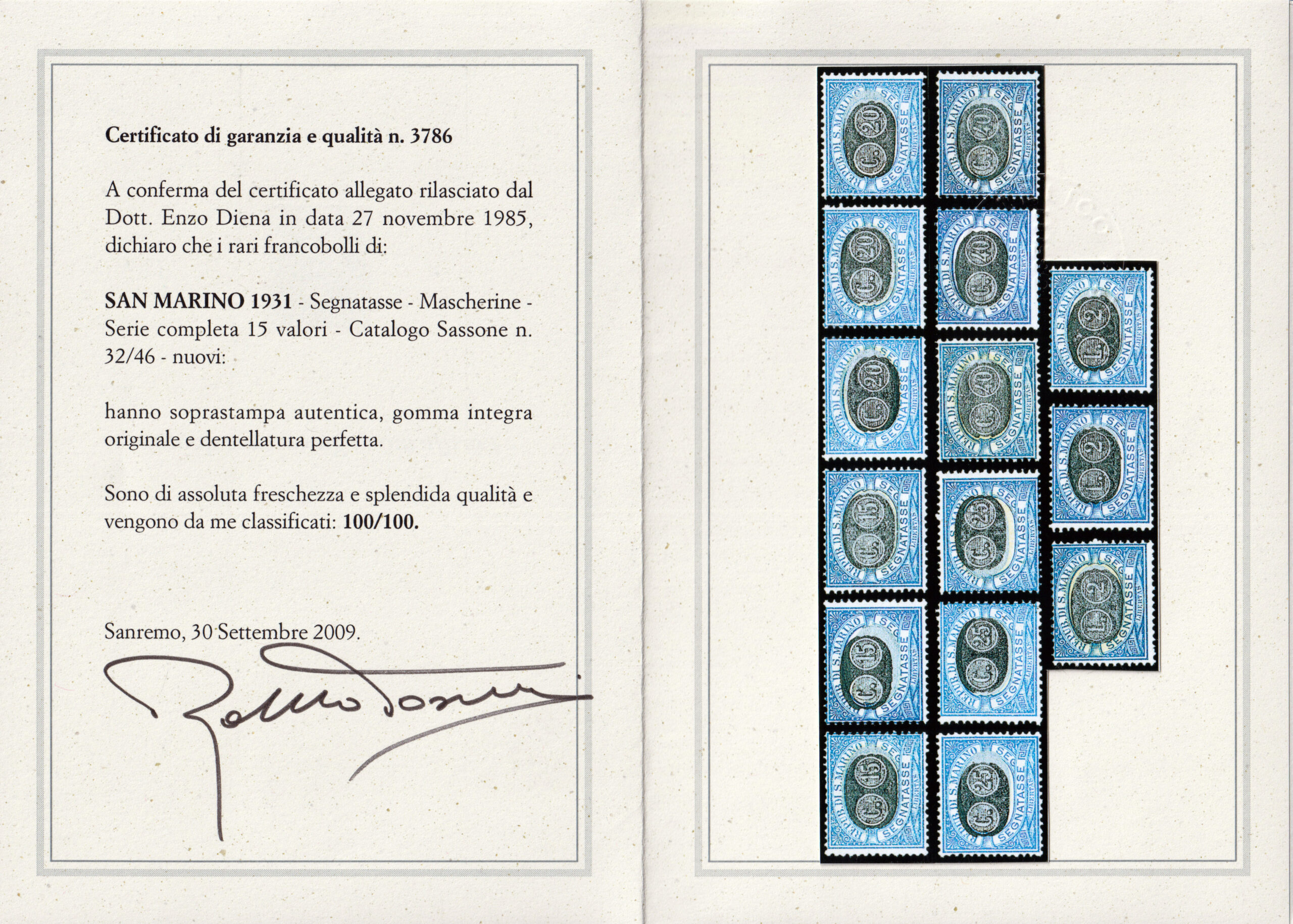 San Marino -1931 - Segnatasse "Mascherine" - Serie completa nuova (MNH) - Sassone nn.32/46 - Certificati Diena e Toselli - immagine 4