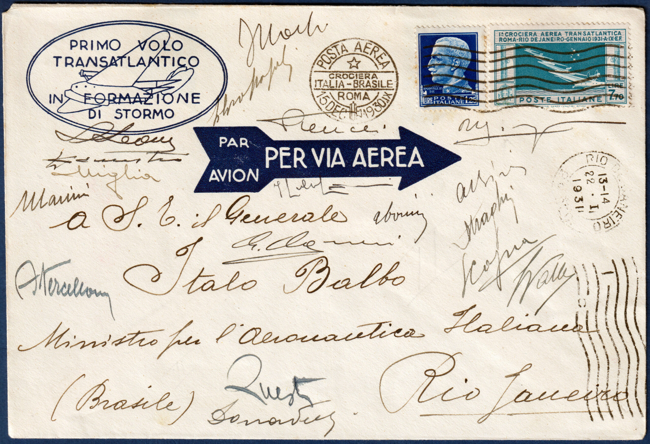 Italia - 1930 - Prima Crociera Transatlantica Roma-Rio de Janeiro - con le firme dei piloti - Certificato Toselli