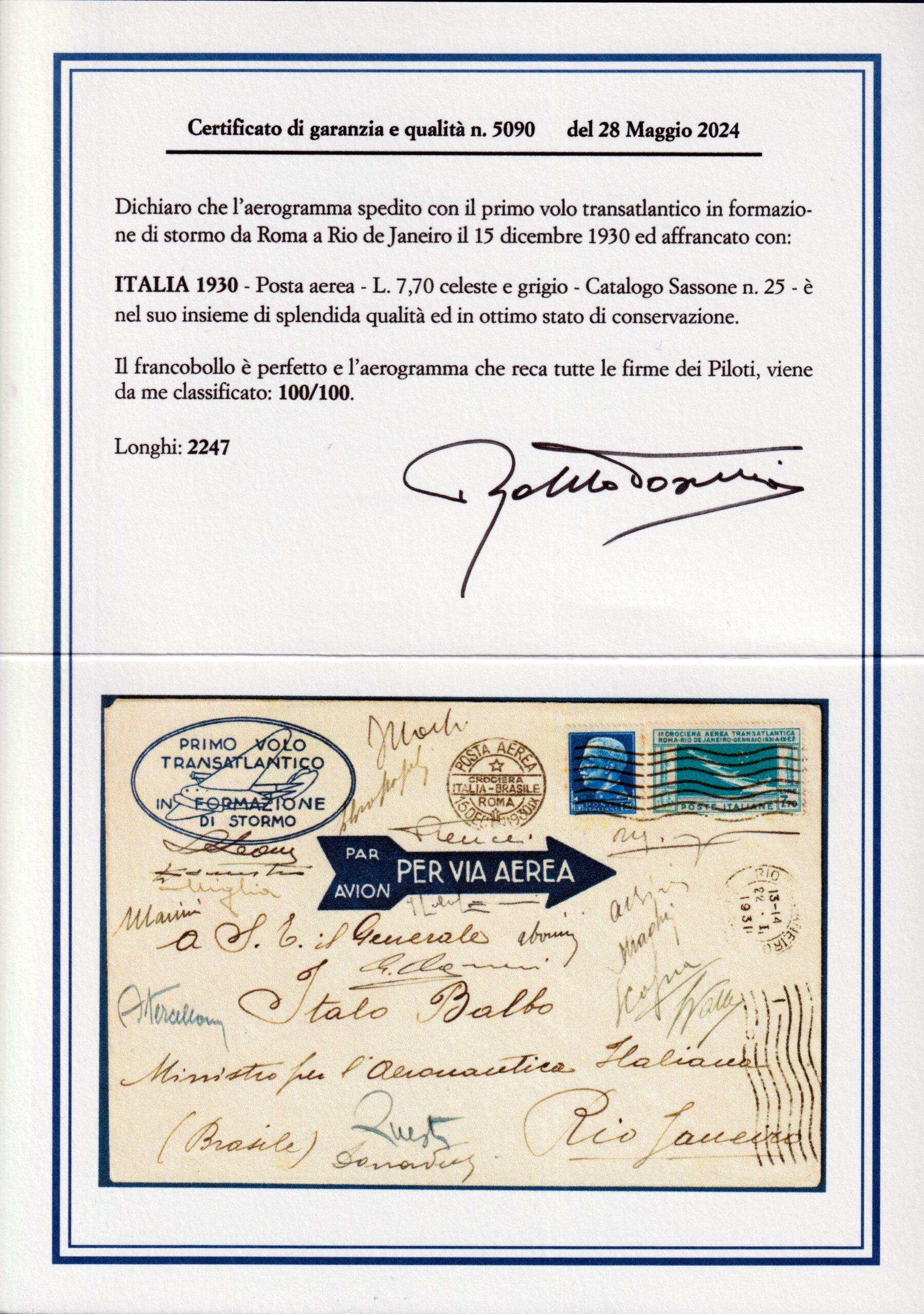 Italia - 1930 - Prima Crociera Transatlantica Roma-Rio de Janeiro - con le firme dei piloti - Certificato Toselli
