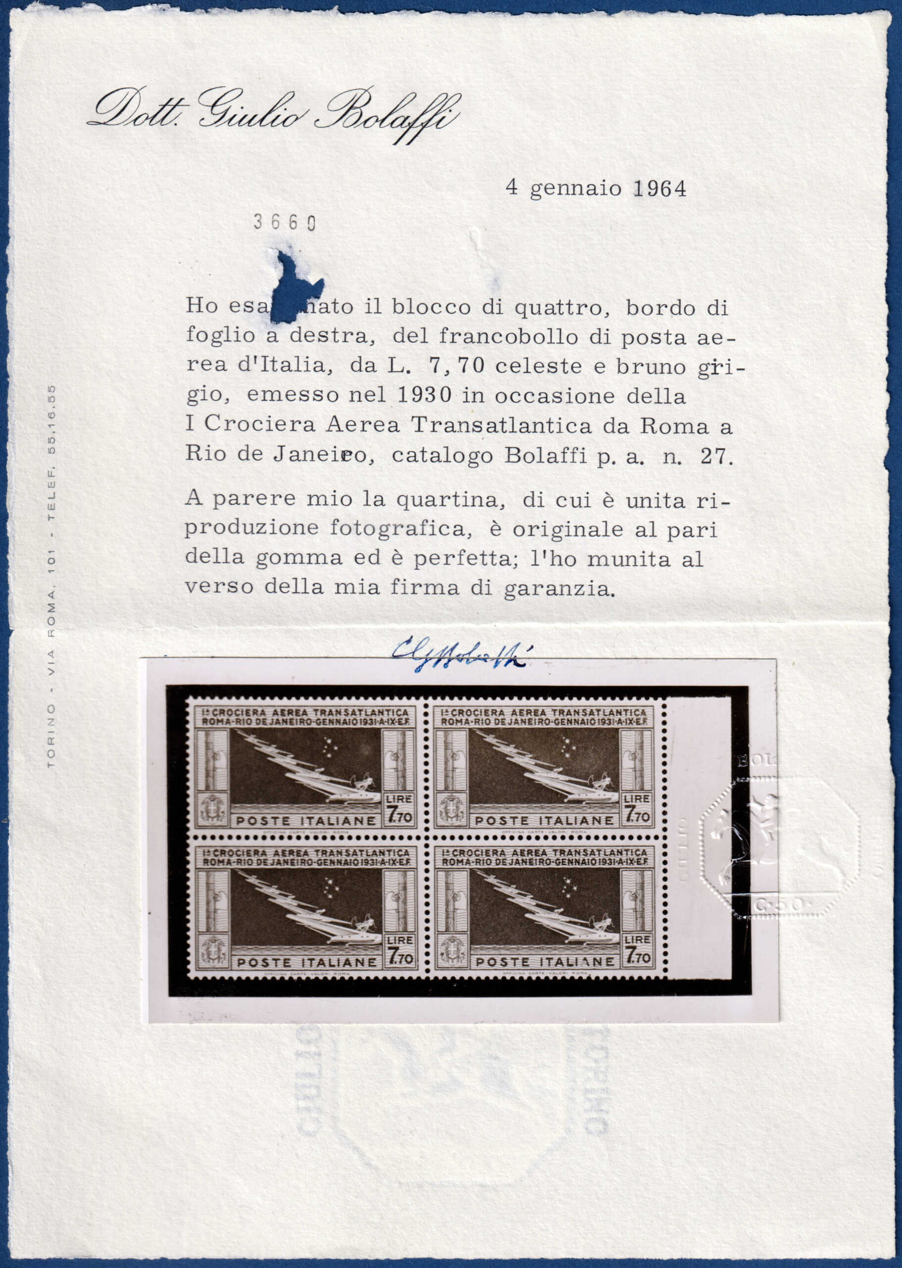 Italia - 1930 - Crociera Transatlantica del Generale Balbo - Lire 7,70 celeste e grigio nuovo (MNH) - Bolaffi e Caffaz - immagine 2