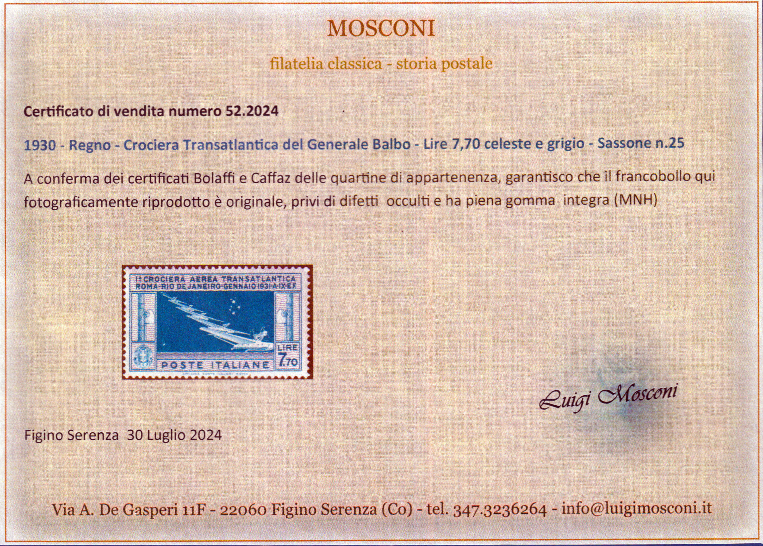 Italia - 1930 - Crociera Transatlantica del Generale Balbo - Lire 7,70 celeste e grigio nuovo (MNH) - Bolaffi e Caffaz - immagine 5