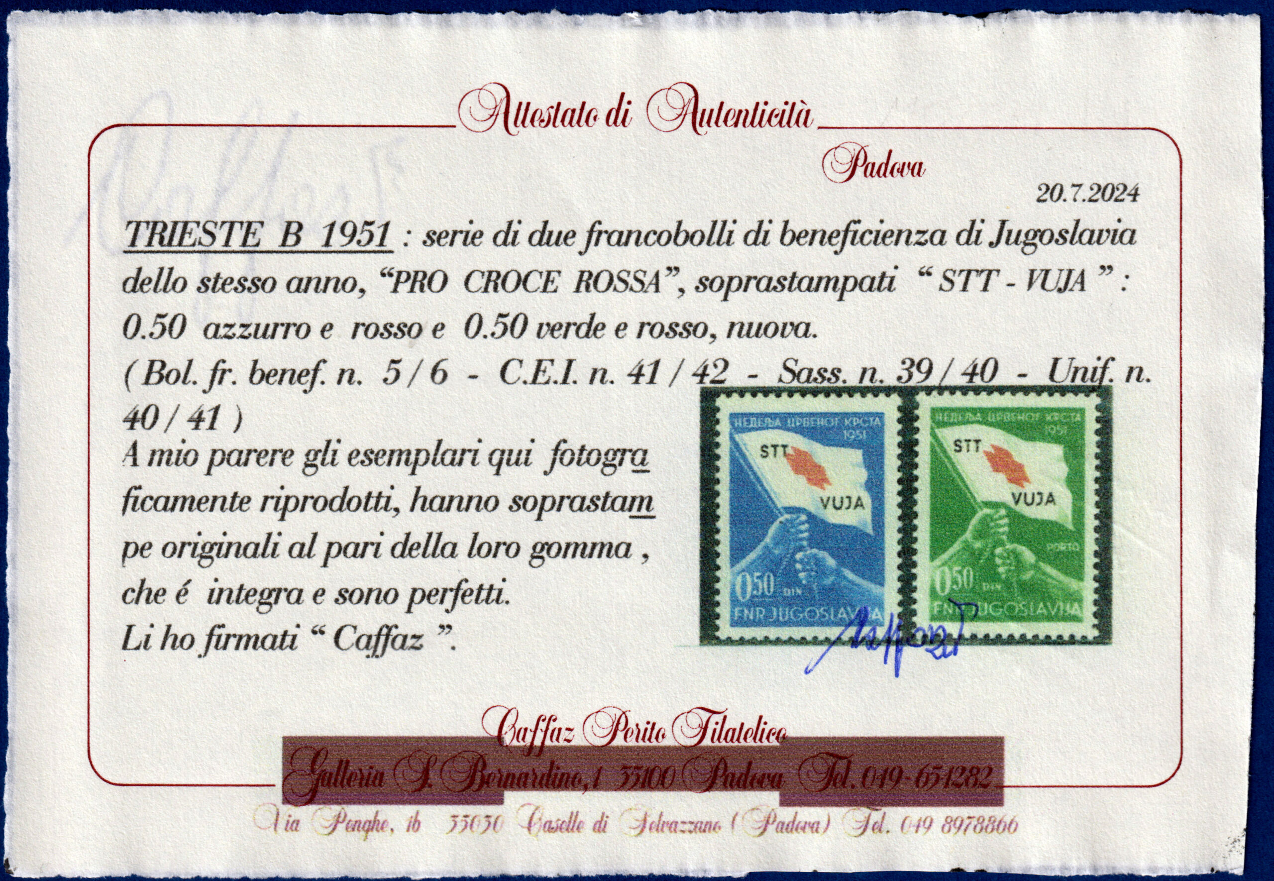 1951 - Trieste B - Pro Croce Rossa - Sassone nn.39/40 - serie completa nuova (MNH) - Certificato Caffaz - immagine 3