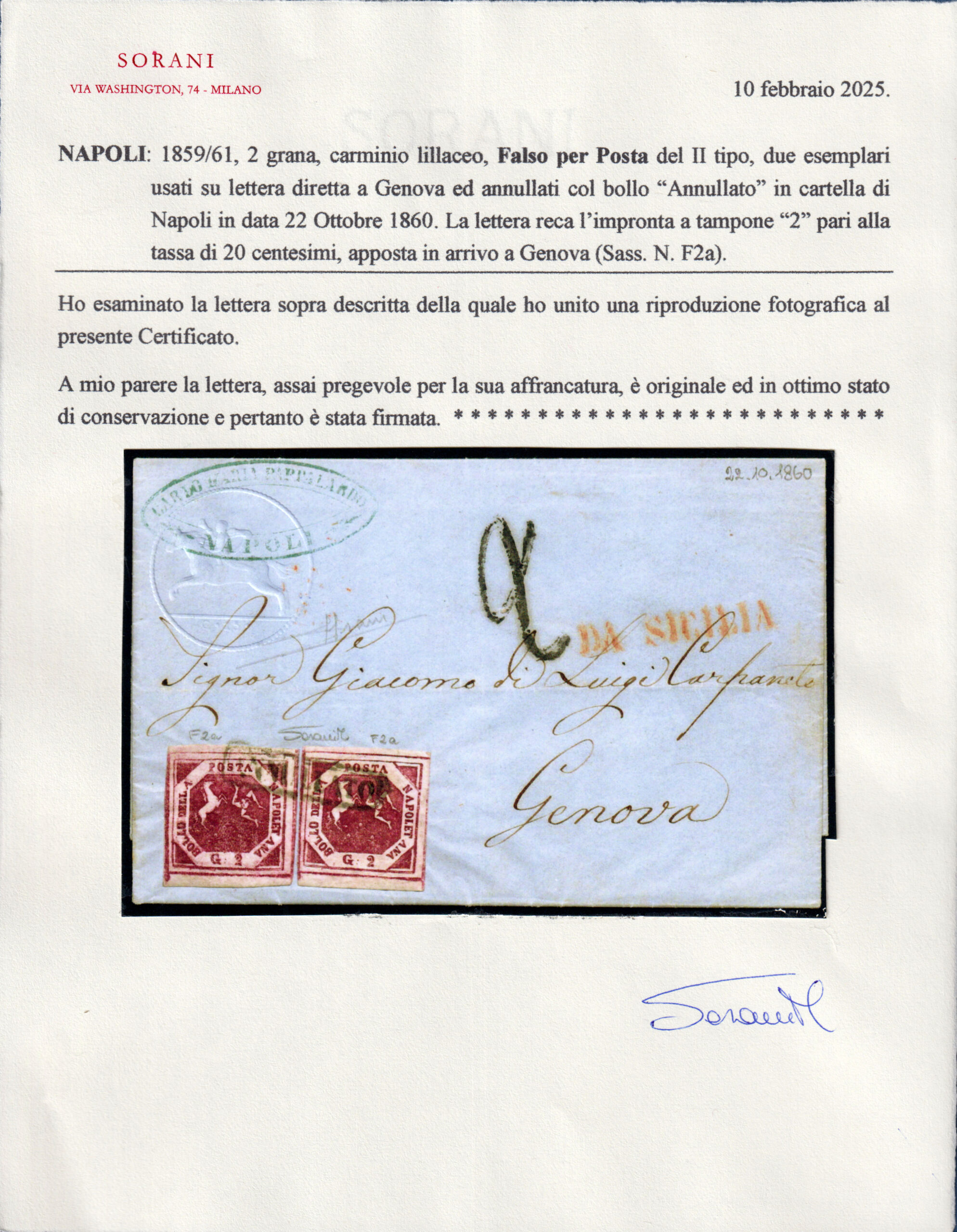 Napoli - 1860 - Lettera resa franca con 2 valori da 2 grana "FALSI per Posta" - certificato Sorani - Vendita a Trattativa Privata - immagine 3