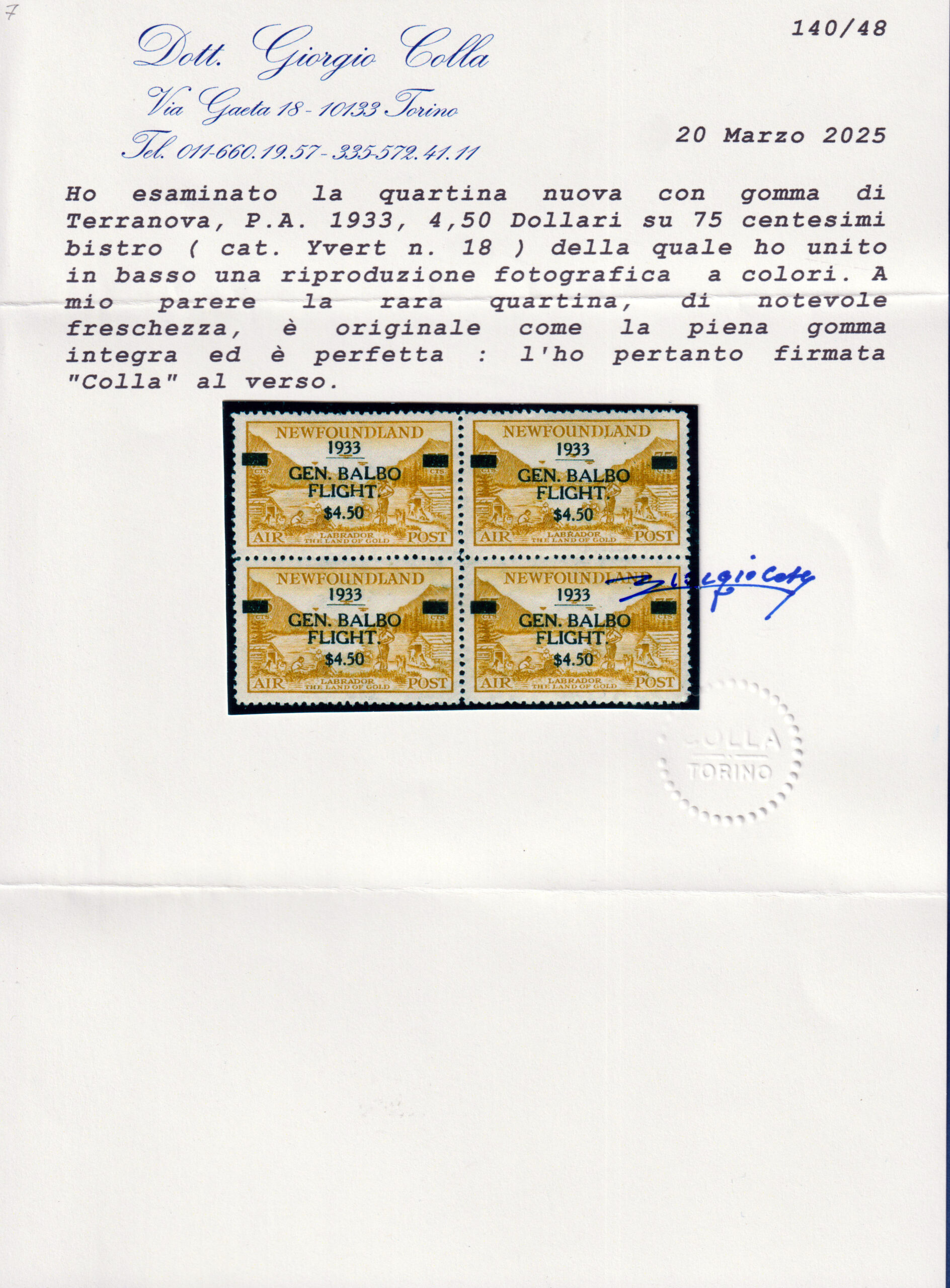 1933 - Terranova - Volo del Generale BALBO - Posta Aerea $ 4,75 su 75 cent. bistro - Certificato Toselli e Colla - immagine 3