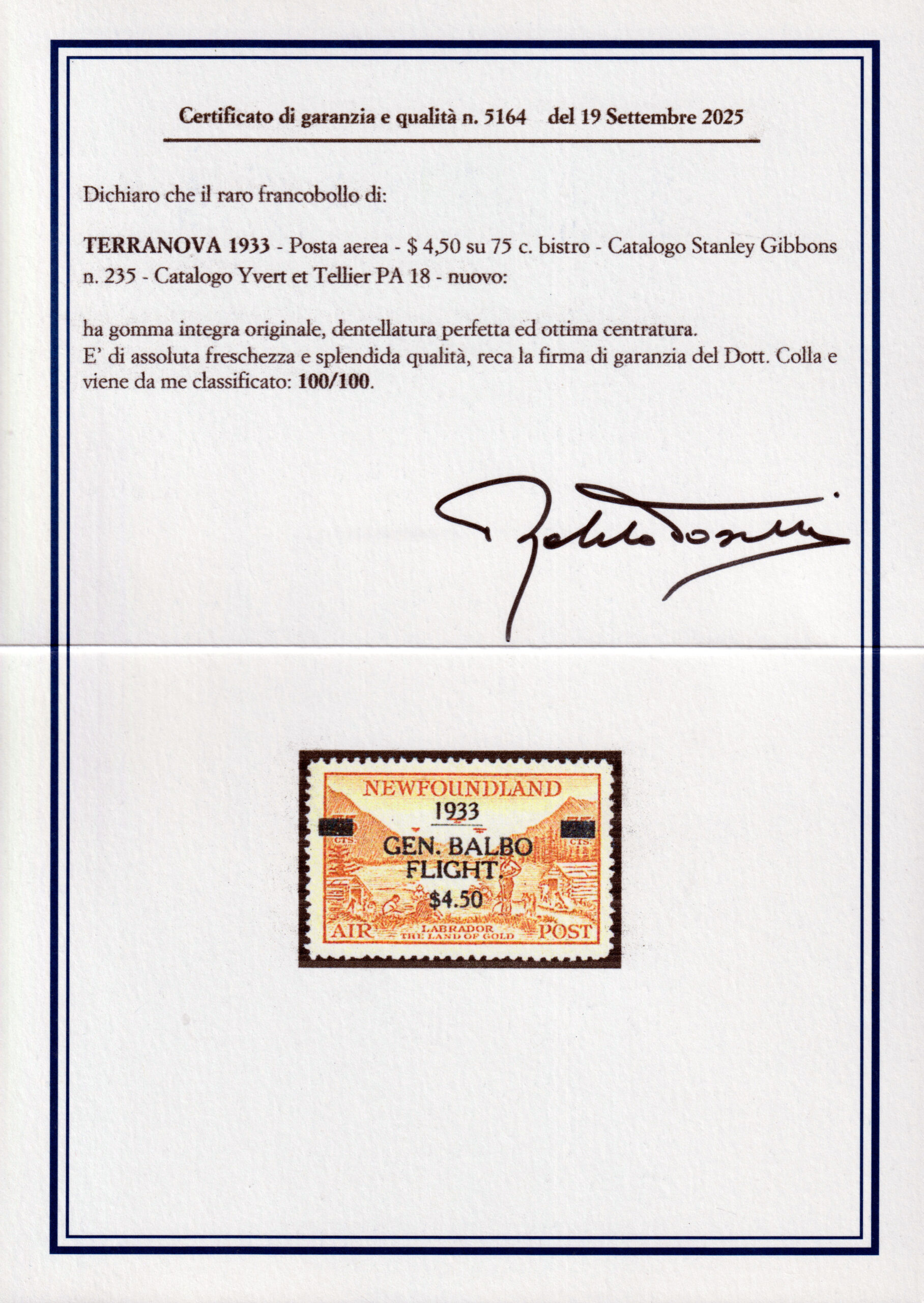 1933 - Terranova - Volo del Generale BALBO - Posta Aerea $ 4,75 su 75 cent. bistro - Certificato Toselli e Colla - immagine 4