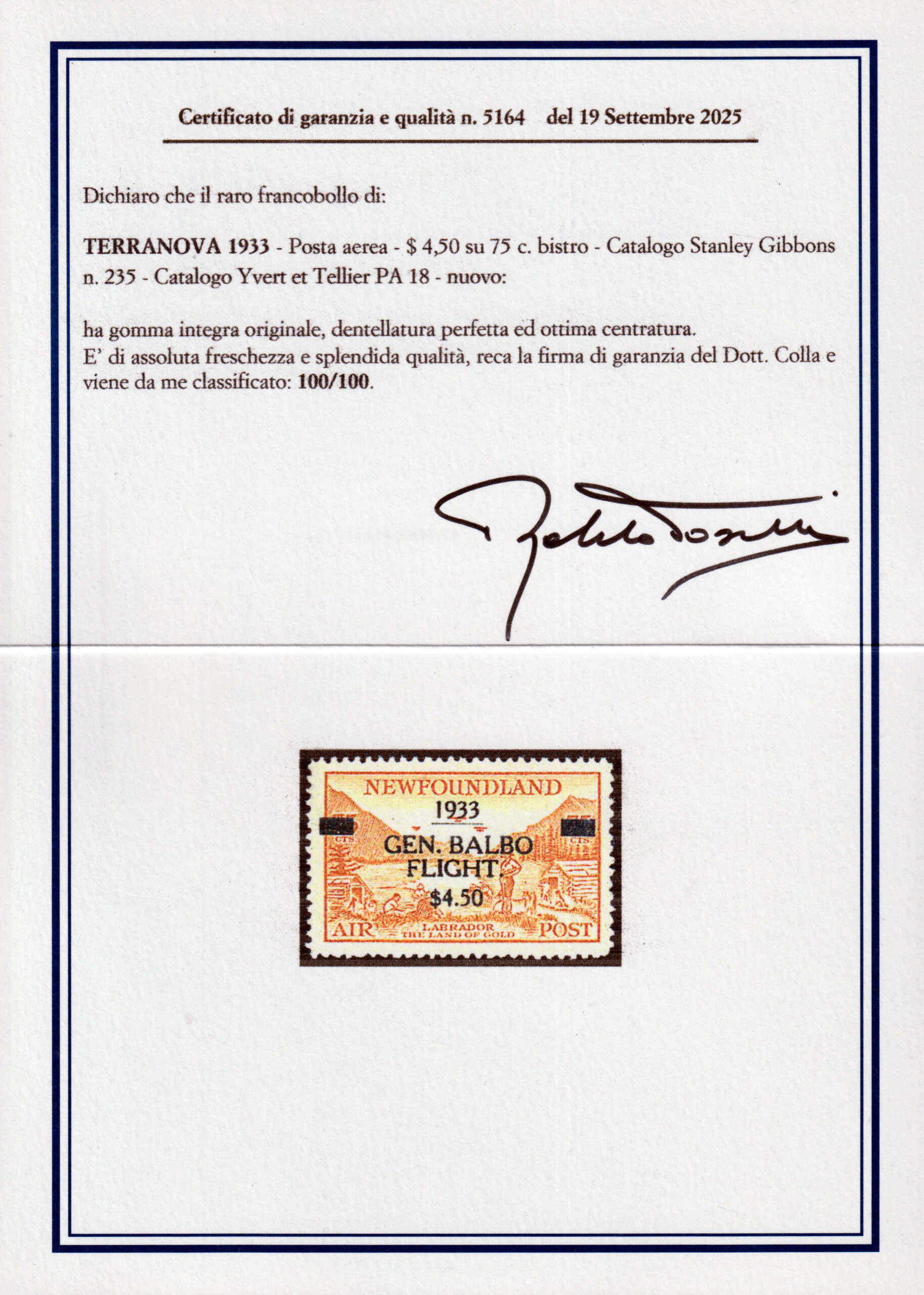 1933 - Terranova - Volo del Generale BALBO - Posta Aerea $ 4,75 su 75 cent. bistro - Certificato Toselli e Colla - immagine 4
