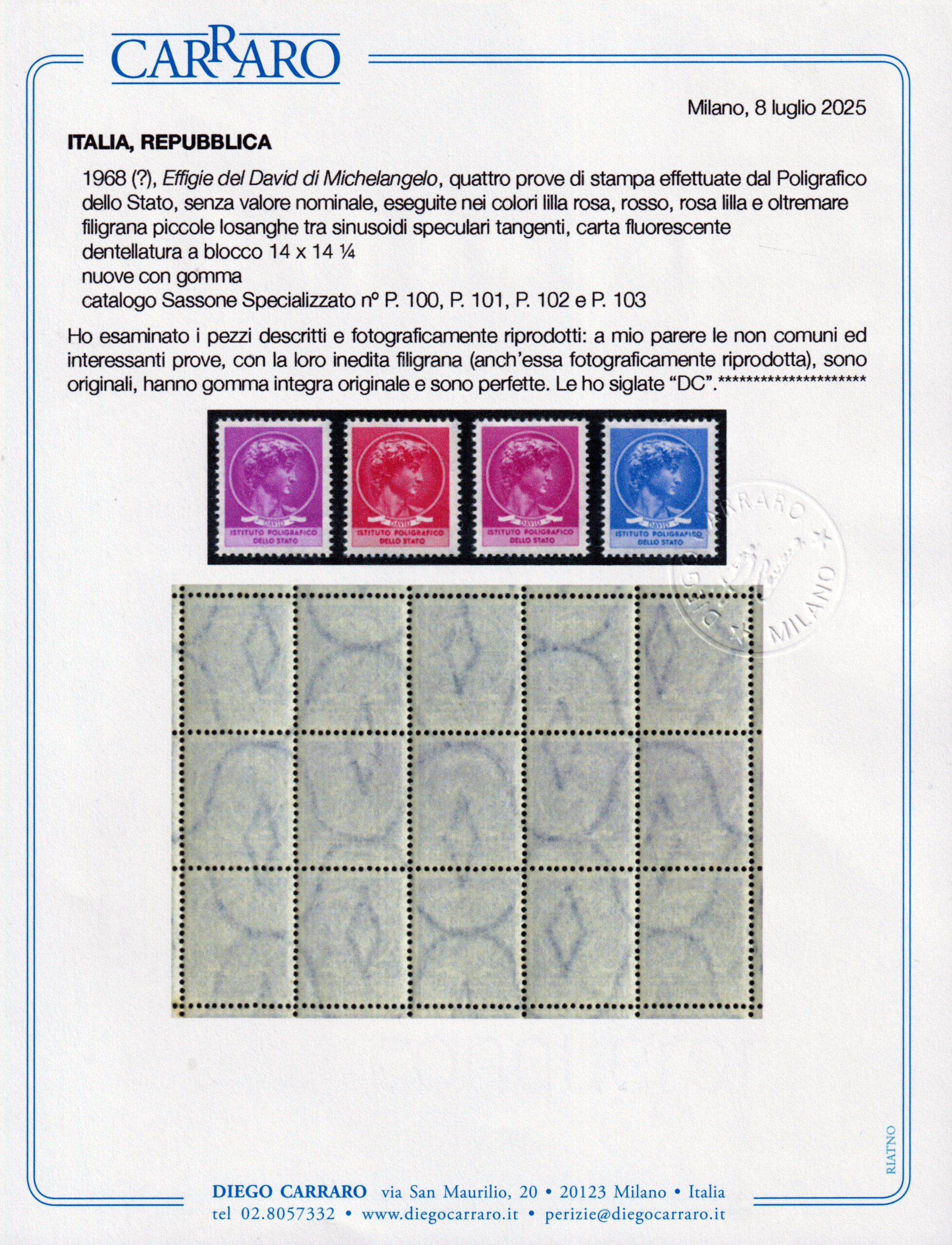 Italia - 1968 - Effige del DAVID di Michelangelo - 4 Prove di Stampa - Certificate Diego Carraro - immagine 3
