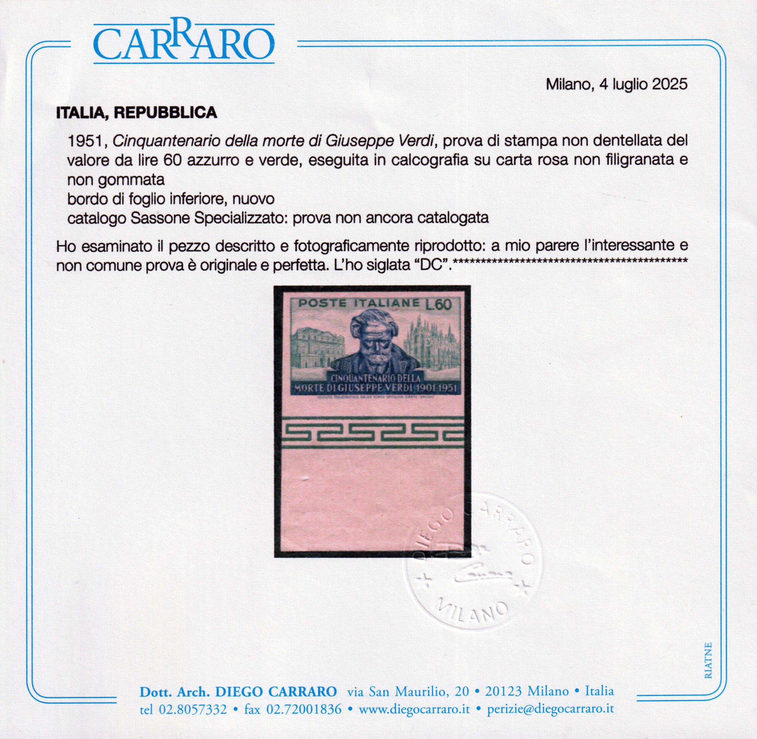 Italia - 1951 - Lire 60 Giuseppe Verdi - Prova di Stampa non dentellata - Certificata Diego Carraro - immagine 3