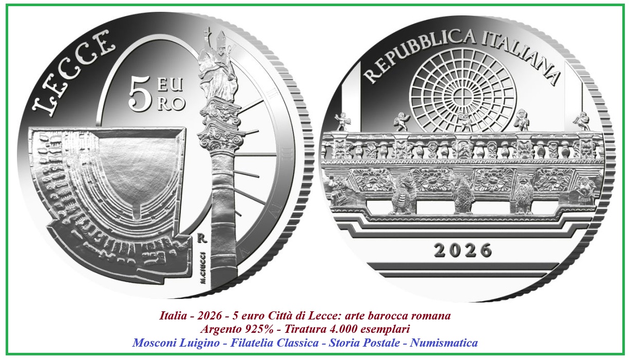 Italia - 2026 - 5 €uro - Lecce - Arte Barocca Romana - FDC - Arhgento 925%